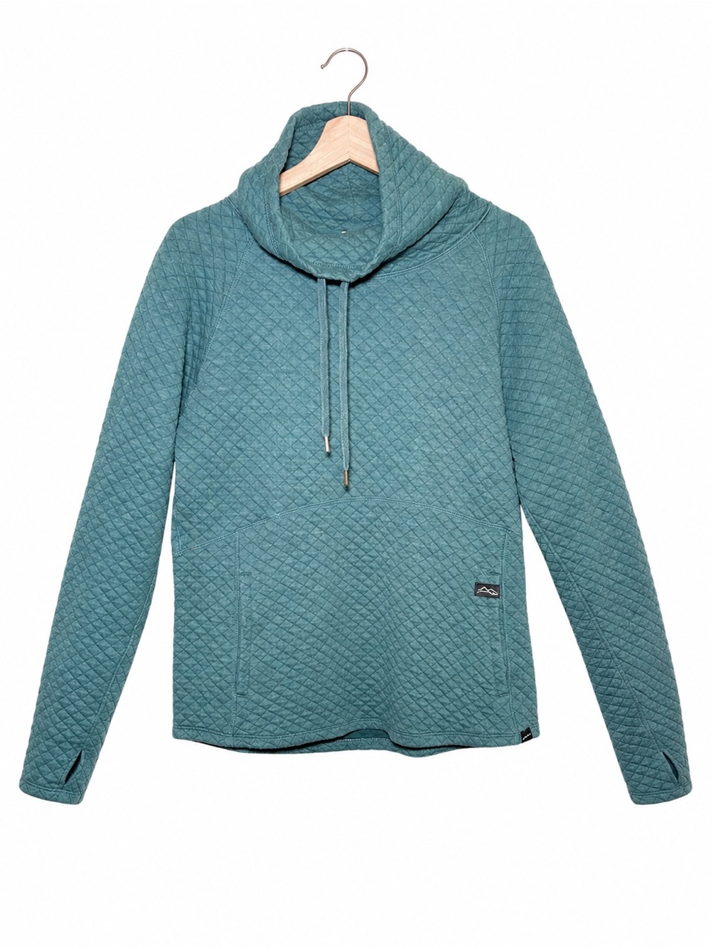 Teal Quilted Cowl Neck Pullover Sweatshirt Kangaroo Pocket Thumbholes Athleisure - Picture 2 of 13